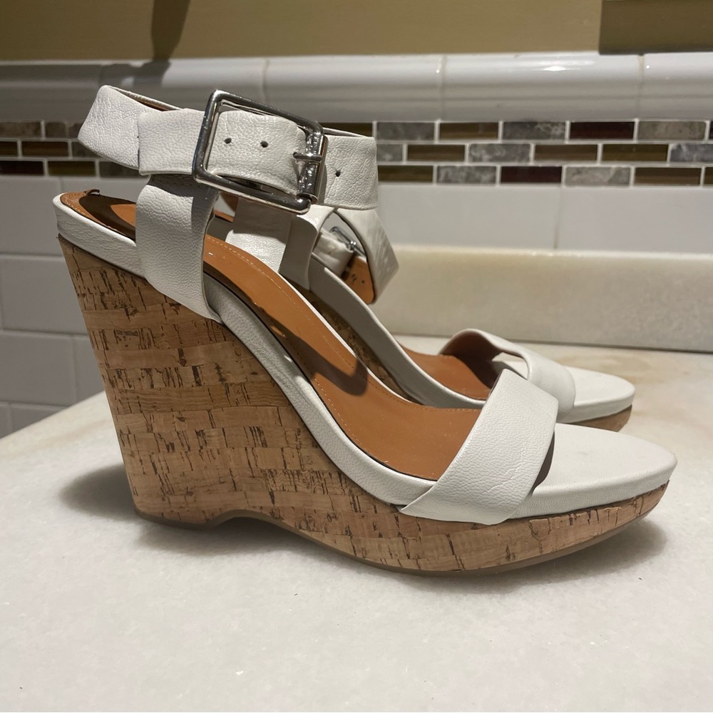 Calvin Klein White Wedge Silver Buckle Sandals with Cork Heel